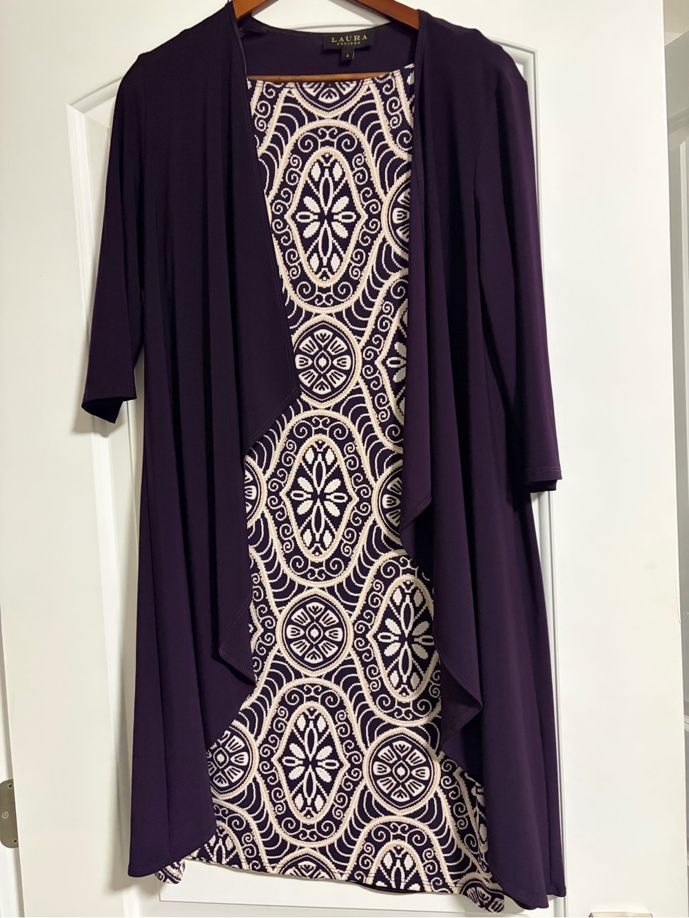 Laura Purple Midi Dress with Cream Medallion Panel